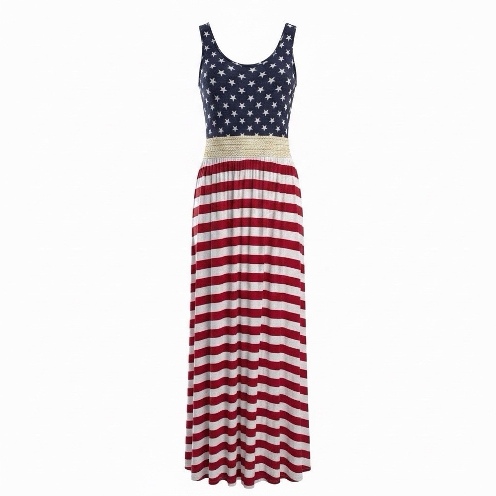 Reb & J 220 USA Flag Maxi Dress Sz Small Red White Blue Stars Stripes Patriotic